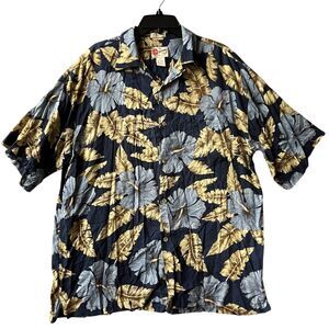 Vtg Hilo Hattie Hibiscus Flower Hawaiian Shirt Mens Size XL Blue Beige Palm Leaf